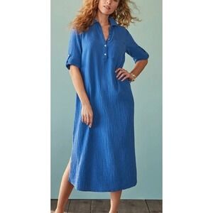 J. Jill 100% Cotton-Gauze‎ One-Pocket Blue Lagenlook Shirtdress SZ XS